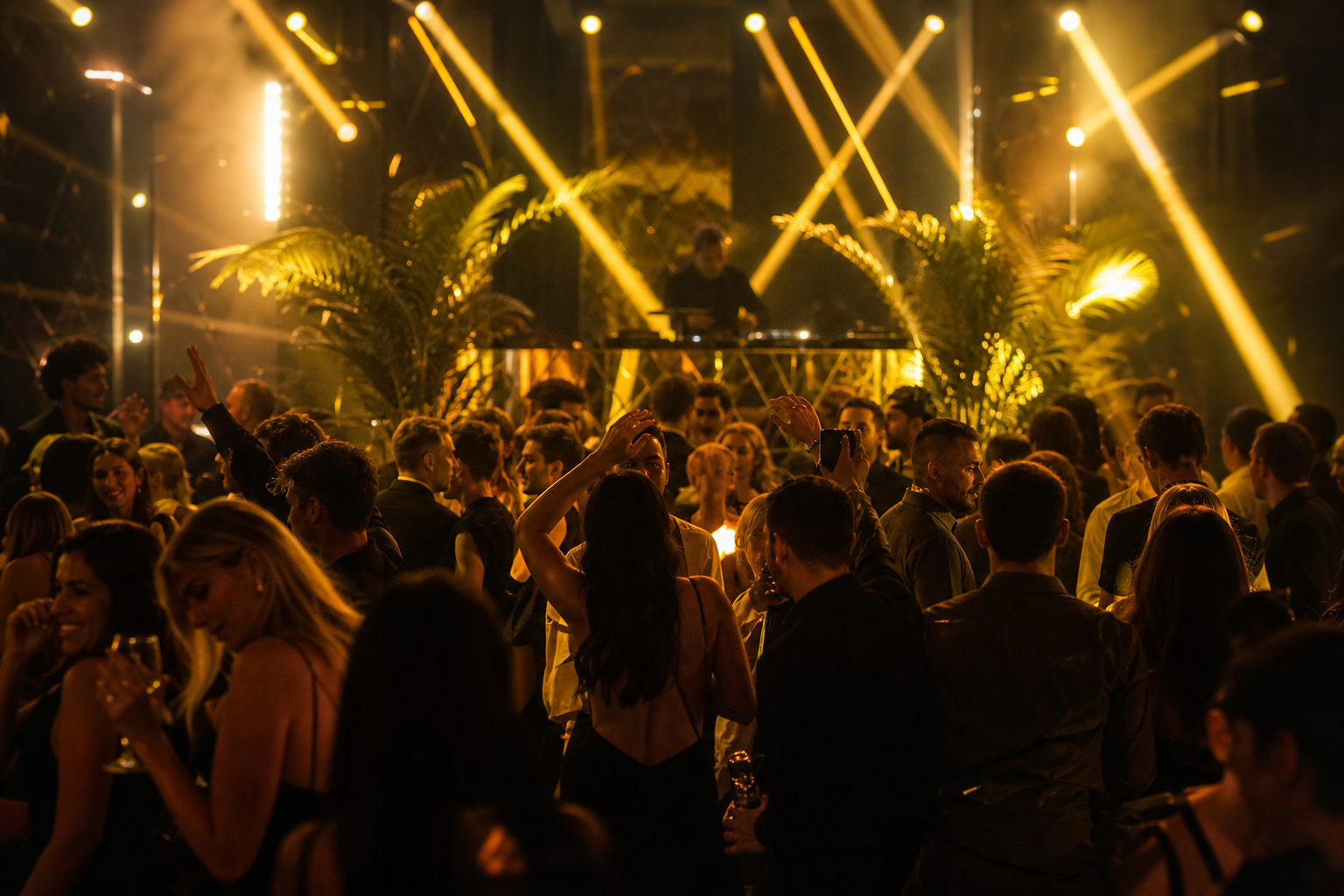 Fiesta con DJ, luces y gente bailando en un evento.